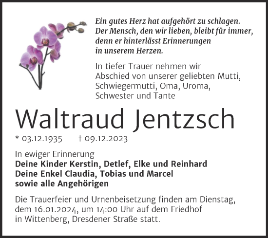 Traueranzeige von Waltraud Jentzsch von Trauerkombi Wittenberg