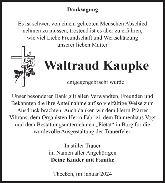 Traueranzeige von Waltraud Kaupke von Volksstimme Burg/Genthin
