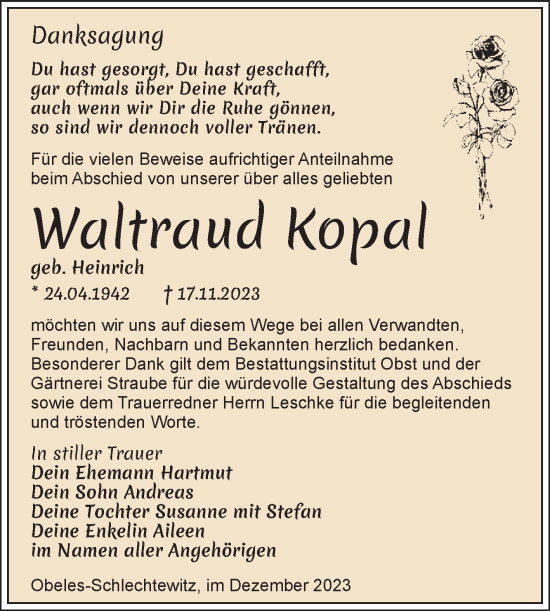 Traueranzeige von Waltraud Kopal von Trauerkombi Merseburg