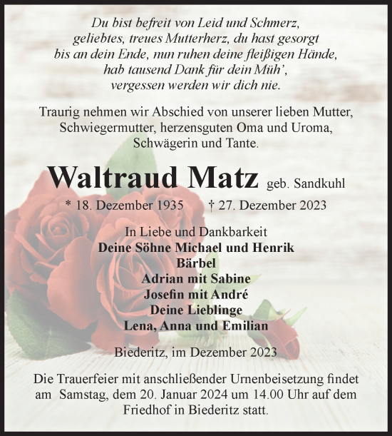 Traueranzeige von Waltraud Matz von Volksstimme Burg/Genthin