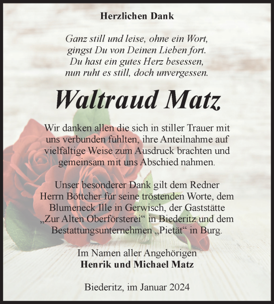Traueranzeige von Waltraud Matz von Volksstimme Burg/Genthin