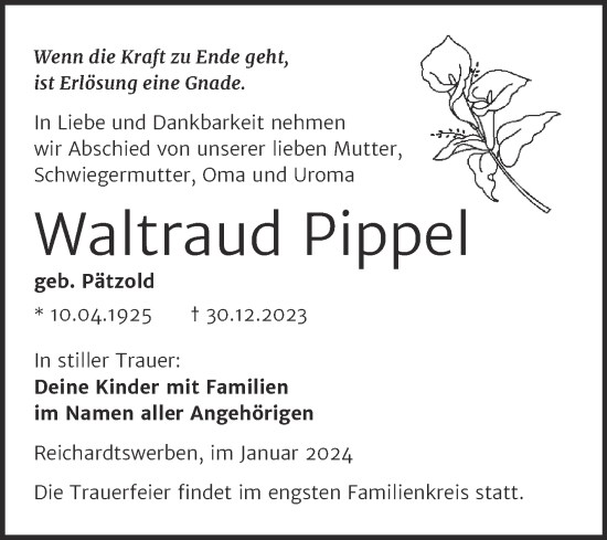 Traueranzeige von Waltraud Pippel von Trauerkombi Weißenfels