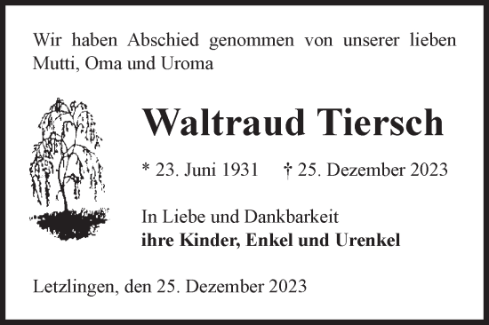 Traueranzeige von Waltraud Tiersch von Volksstimme Altmark West
