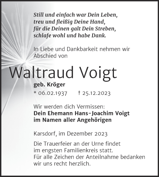 Traueranzeige von Waltraud Voigt von Wochenspiegel Naumburg/Nebra