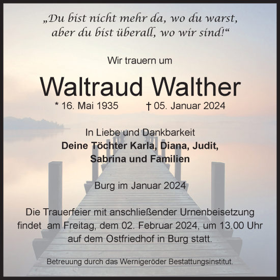 Traueranzeige von Waltraud Walther von Volksstimme Burg/Genthin