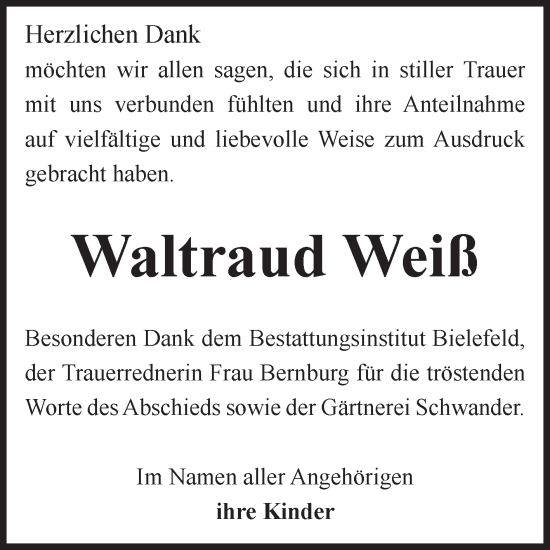 Traueranzeige von Waltraud Weiß von Volksstimme Altmark Ost