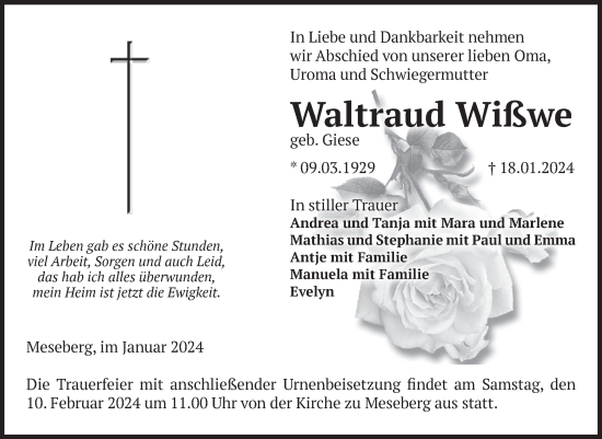 Traueranzeige von Waltraud Wißwe von Volksstimme Altmark Ost
