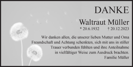 Traueranzeige von Waltraut Müller von Volksstimme Oschersleben/Wanzleben