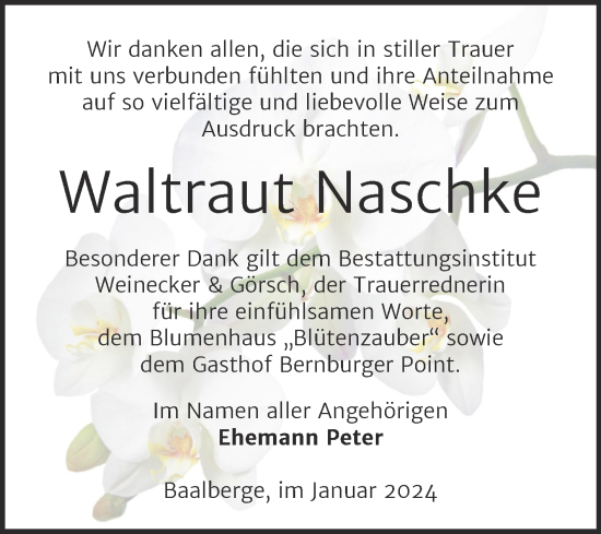 Traueranzeige von Waltraut Naschke von Trauerkombi Bernburg