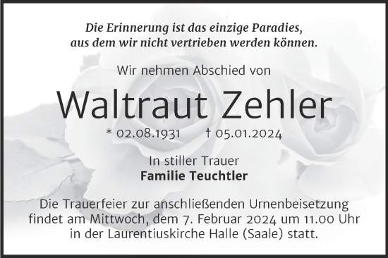 Traueranzeige von Waltraut Zehler von Mitteldeutsche Zeitung Halle/Saalkreis