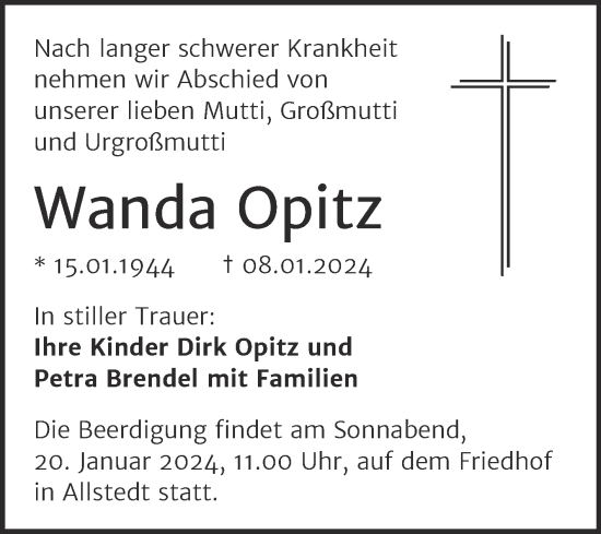 Traueranzeige von Wanda Opitz von Trauerkombi Sangerhausen