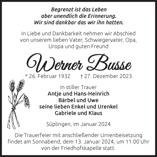 Traueranzeige von Werner Busse von Volksstimme Haldensleben/Wolmirstedt
