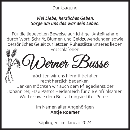 Traueranzeige von Werner Busse von Volksstimme Haldensleben/Wolmirstedt