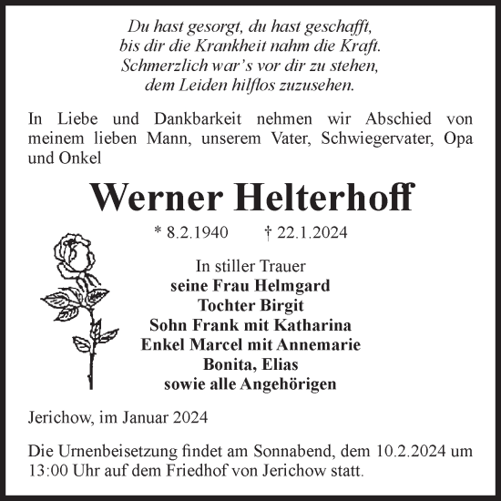 Traueranzeige von Werner Helterhoff von Volksstimme Burg/Genthin