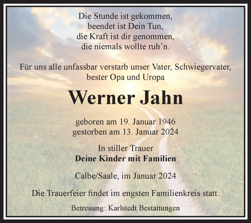  Traueranzeige für Werner Jahn vom 20.01.2024 aus Volksstimme Schönebeck