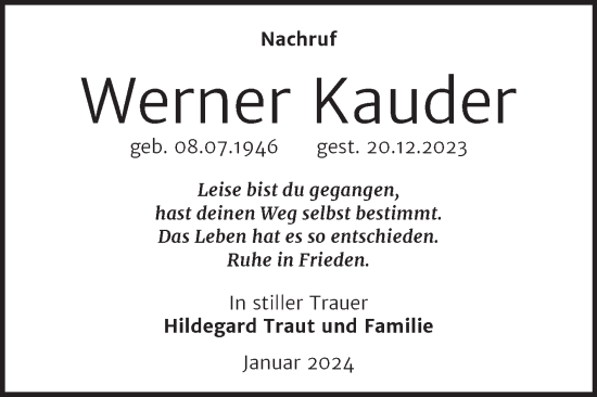 Traueranzeige von Werner Kauder von Super Sonntag Quedlingburg