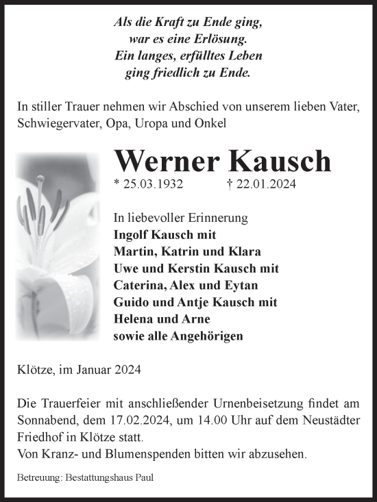 Traueranzeige von Werner Kausch von Volksstimme Altmark West