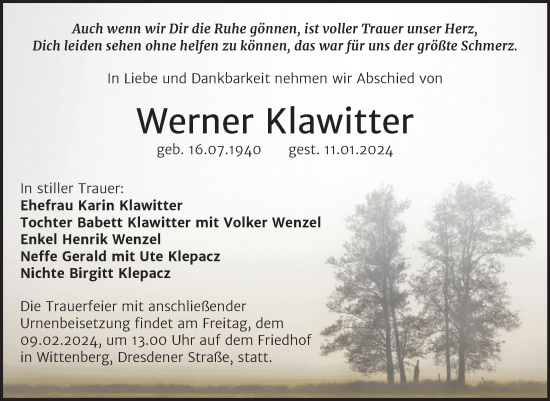 Traueranzeige von Werner Klawitter von Trauerkombi Wittenberg