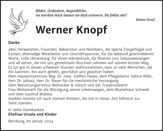 Traueranzeige von Werner Knopf von Trauerkombi Bernburg