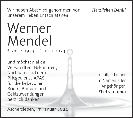 Traueranzeige von Werner Mendel von Trauerkombi Aschersleben