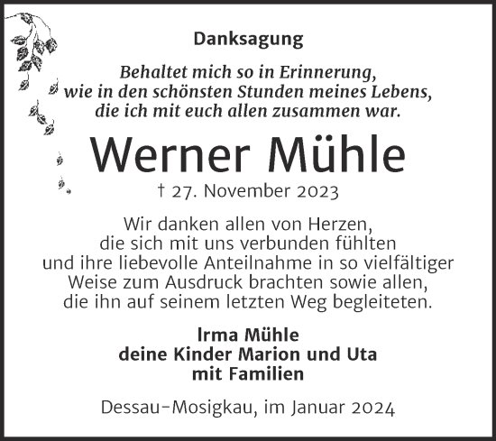 Traueranzeige von Werner Mühle von Trauerkombi Dessau