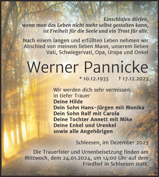 Traueranzeige von Werner Pannicke von Trauerkombi Wittenberg