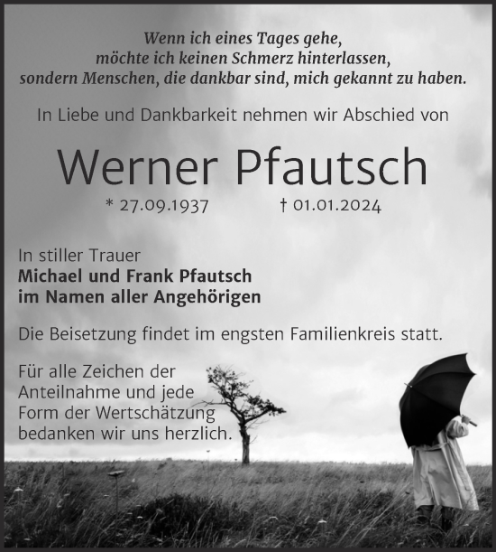 Traueranzeige von Werner Pfautsch von Trauerkombi Mansfelder Land