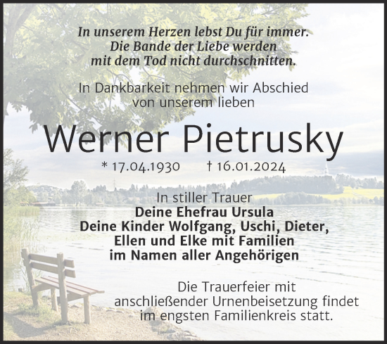Traueranzeige von Werner Pietrusky von Trauerkombi Sangerhausen