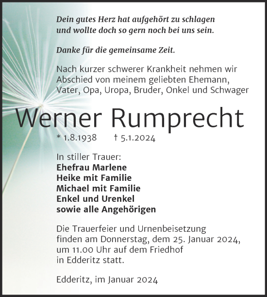 Traueranzeige von Werner Rumprecht von Trauerkombi Köthen