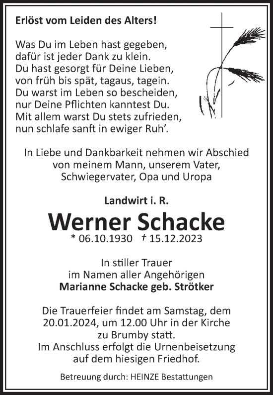 Traueranzeige von Werner Schacke von Volksstimme Schönebeck