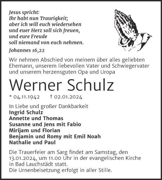Traueranzeige von Werner Schulz von Trauerkombi Merseburg