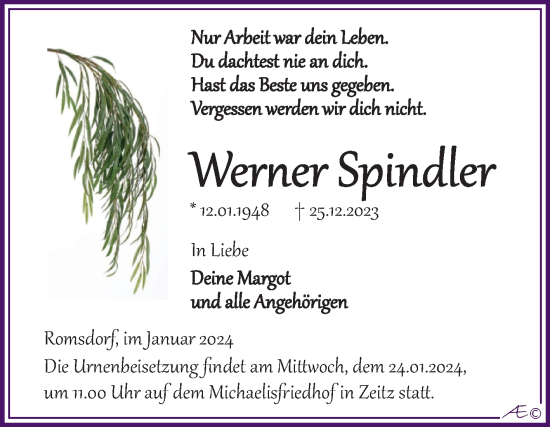 Traueranzeige von Werner Spindler von Trauerkombi Zeitz