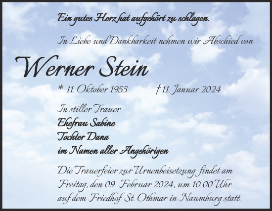 Traueranzeige von Werner Stein von Wochenspiegel Naumburg/Nebra