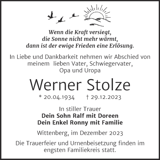 Traueranzeige von Werner Stolze von Trauerkombi Wittenberg