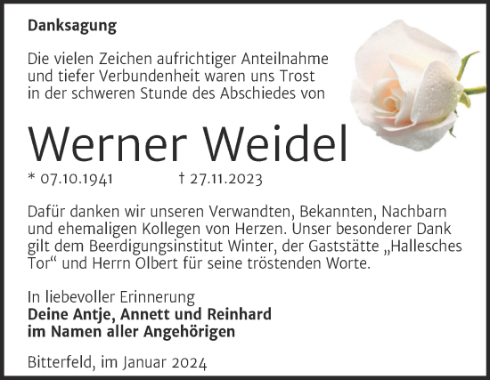 Traueranzeige von Werner Weidel von Trauerkombi Bitterfeld