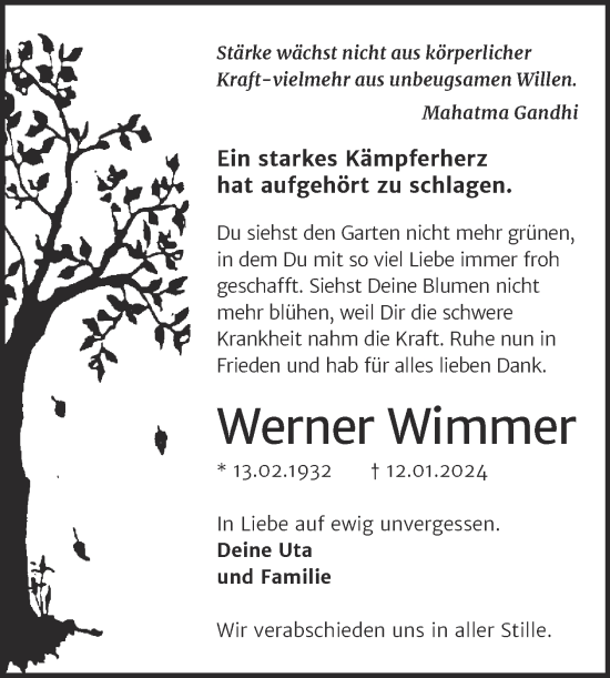Traueranzeige von Werner Wimmer von Trauerkombi Wittenberg