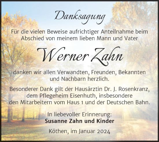 Traueranzeige von Werner Zahn von Trauerkombi Köthen