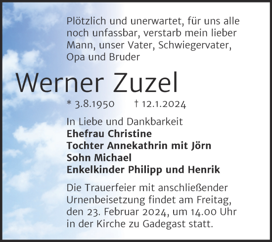 Traueranzeige von Werner Zuzel von Trauerkombi Wittenberg