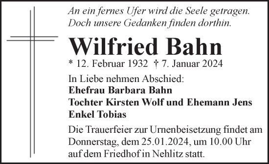 Traueranzeige von Wilfried Bahn von Mitteldeutsche Zeitung Halle/Saalkreis
