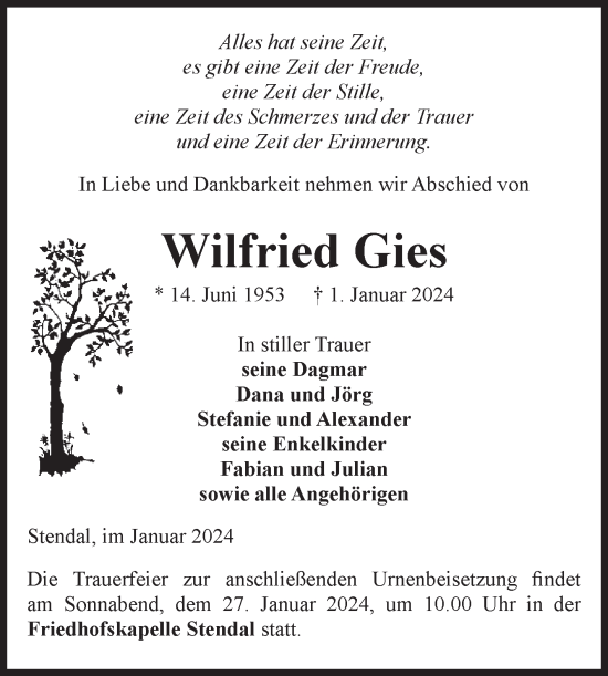 Traueranzeige von Wilfried Gies von Volksstimme Altmark Ost