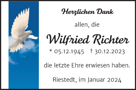 Traueranzeige von Wilfried Richter von Trauerkombi Sangerhausen