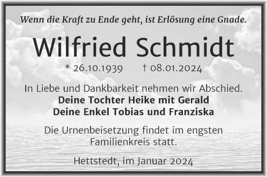 Traueranzeige von Wilfried Schmidt von Trauerkombi Mansfelder Land