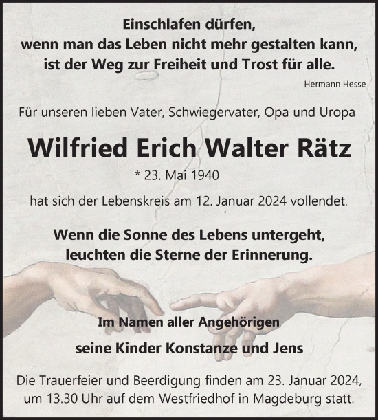 Traueranzeige von Wilfried Erich Walter Rätz von Volksstimme Magdeburg