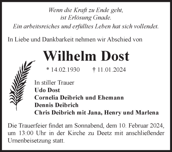 Traueranzeige von Wilhelm Dost von Volksstimme Zerbst