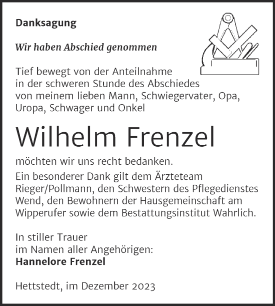 Traueranzeige von Wilhelm Frenzel von Trauerkombi Mansfelder Land