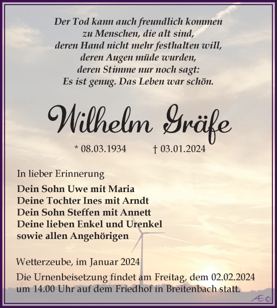 Traueranzeige von Wilhelm Gräfe von Trauerkombi Zeitz