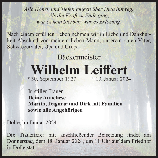 Traueranzeige von Wilhelm Leiffert von Volksstimme Haldensleben/Wolmirstedt