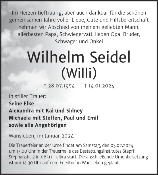 Traueranzeige von Wilhelm Seidel von Mitteldeutsche Zeitung Mansfelder Land