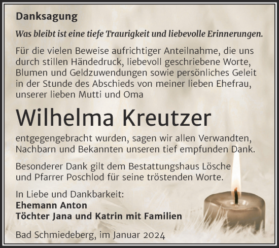 Traueranzeige von Wilhelma Kreutzer von Trauerkombi Wittenberg