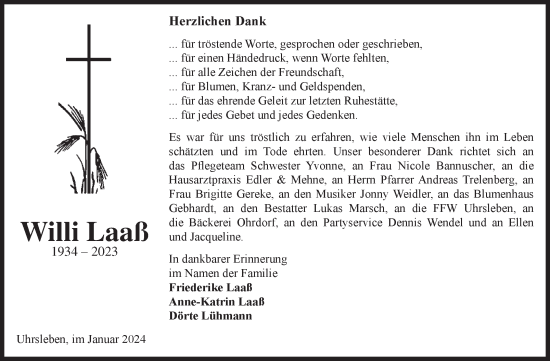 Traueranzeige von Willi Laaß von Volksstimme Haldensleben/Wolmirstedt